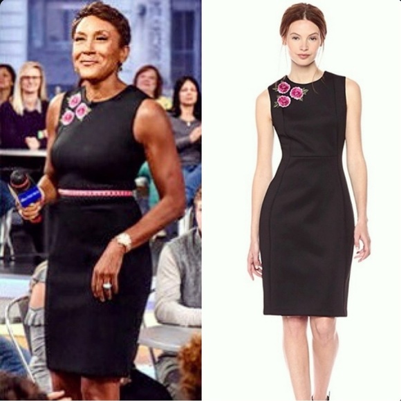 NWOT Calvin Klein Black Scuba Sheath Dress with Pink Floral Embroidery Size 6 - Picture 1 of 16